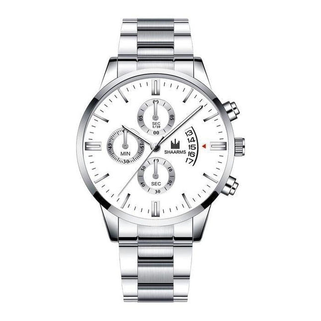 Luxe Zakelijk Horloge voor Heren - Kwarts Roestvrij Staal Bandje Datum Kalender met 3 Subdials Zilver Wit