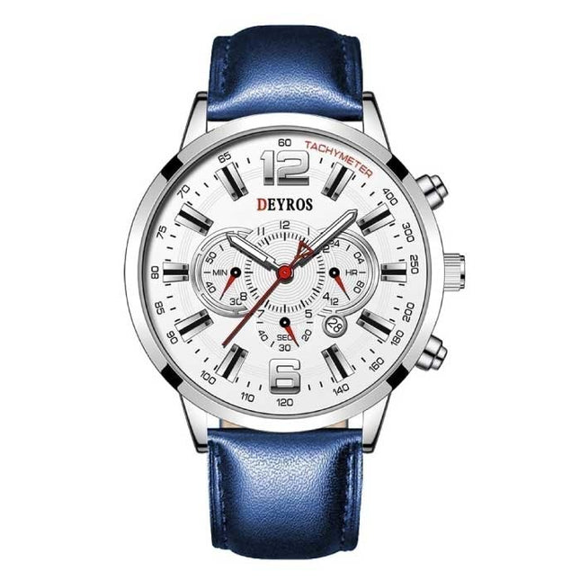 Roestvrij Staal Sport Horloge voor Heren - Kwarts Uurwerk Kalender Lichtgevende Klok Leer Zilver Blauw
