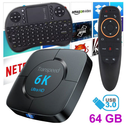 Transpeed 6K Ultra HD TV Box Mediaspeler Android Kodi - 4GB RAM - 64GB Opslagruimte + Draadloos Toetsenbord