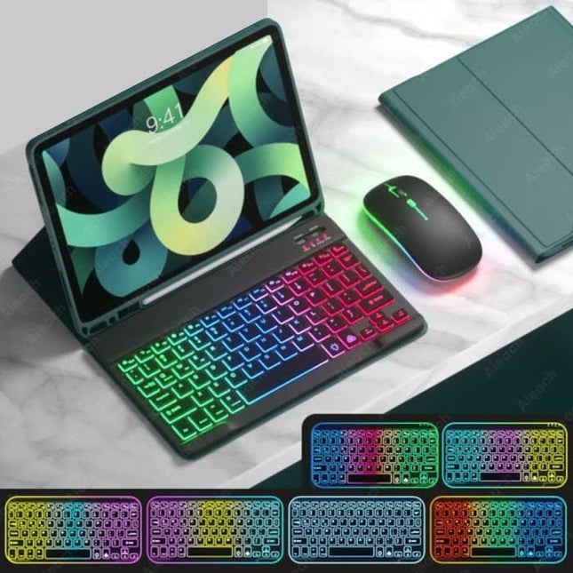 RGB Toetsenbord Hoes en Muis voor iPad 10.2" - QWERTY Multifunctionele Keyboard Bluetooth Smart Cover Case Hoesje Donkergroen