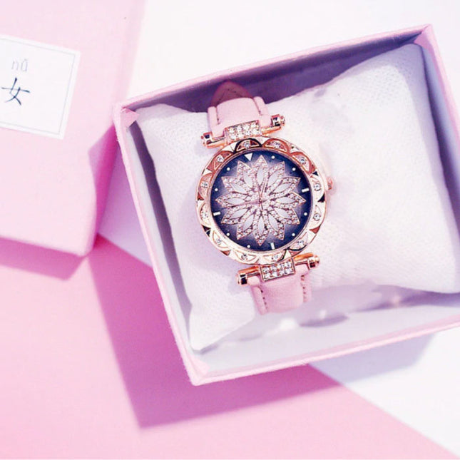 Starry Sky Horloge Dames - Luxe Anoloog Kwarts Uurwerk voor Vrouwen Roze