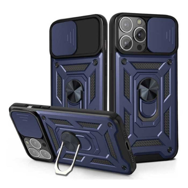iPhone 13 - Armor Hoesje met Kickstand en Camera Bescherming - Pop Grip Cover Case Blauw