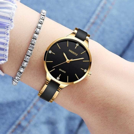 Luxe Horloge voor Dames - Keramische Armband Klok Kwarts Roestvrij Staal Polshorloge Zwart