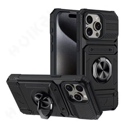 iPhone 14 - Card Slot Hoesje met Kickstand - Grip Socket Magnetische Cover Case - Zwart