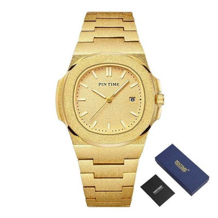 Frosted Luxe Horloge voor Heren - Roestvrij Staal Kwarts Uurwerk met Opbergdoosje Goud