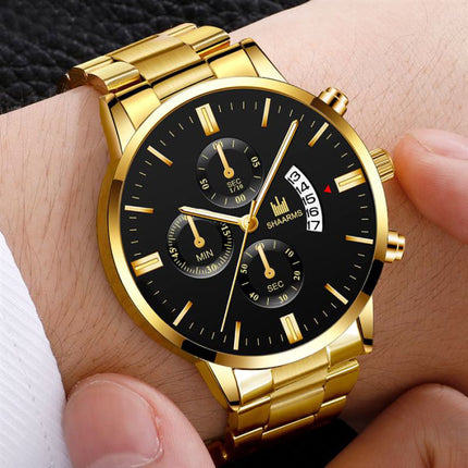 Luxe Zakelijk Horloge voor Heren - Kwarts Roestvrij Staal Bandje Datum Kalender met 3 Subdials Goud Zwart