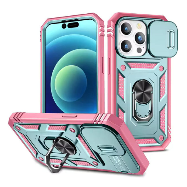 Armor Hoesje voor iPhone 15 Plus - met Kickstand en Camera Slide - Magneet Grip Cover - Roze-Groen