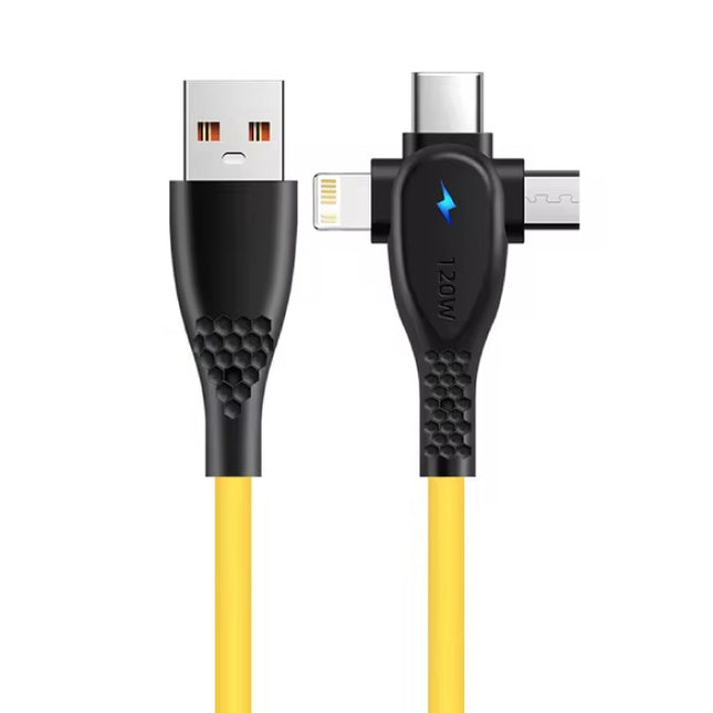 3 in 1 USB Oplaadkabel - iPhone Lightning / USB-C / Micro-USB - 1.5 Meter Oplader Data Kabel - Geel