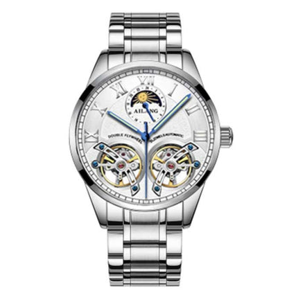 Vintage Horloge voor Heren - Roestvrij Staal Bandje Kwarts Polshorloge Dubbel Vliegwiel Zilver