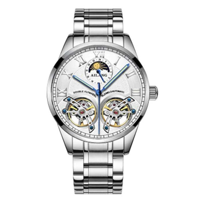 Vintage Horloge voor Heren - Roestvrij Staal Bandje Kwarts Polshorloge Dubbel Vliegwiel Zilver