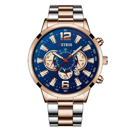 Roestvrij Staal Sport Horloge voor Heren - Kwarts Uurwerk Kalender Lichtgevende Klok Staal Wit Blauw