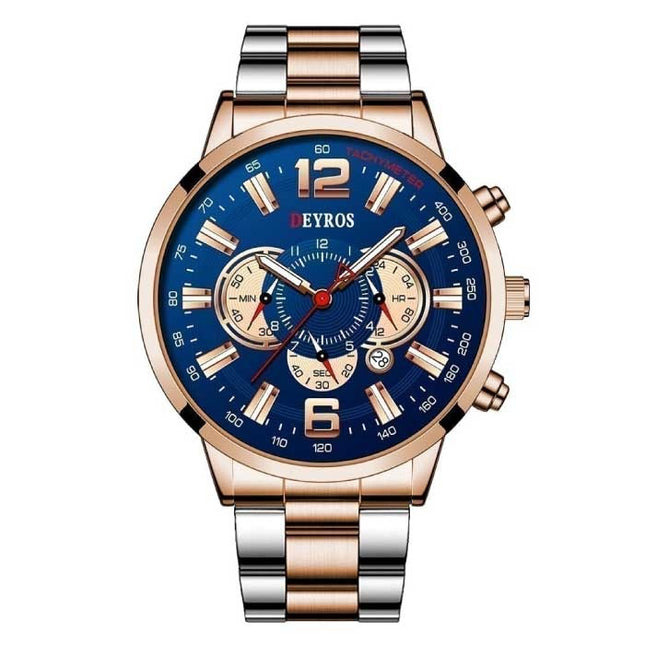 Roestvrij Staal Sport Horloge voor Heren - Kwarts Uurwerk Kalender Lichtgevende Klok Staal Wit Blauw