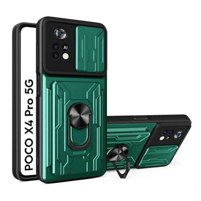 Xiaomi Poco X4 Pro 5G - Card Slot Hoesje met Kickstand en Camera Bescherming - Pop Grip Cover Case Groen