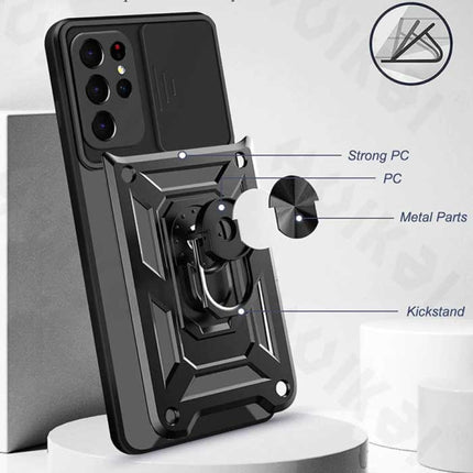 Samsung Galaxy S21 FE - Armor Hoesje met Kickstand en Camera Bescherming - Pop Grip Cover Case Zwart