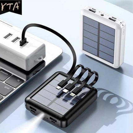 Universele 20.000mAh Mini Solar Powerbank - 4 Types Oplaadkabel - Ingebouwde Zaklamp - Externe Noodaccu Batterij Oplader Charger Zwart