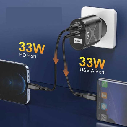 65W GaN Dual Port Stekkerlader - PD / Quick Charge 3.0 - Power Delivery USB Fast Charge - Oplader Muur Wallcharger AC Thuislader Adapter Wit
