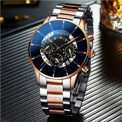 Klassiek Horloge voor Heren - Kwarts Stalen Riem Luxe Uurwerk Kalender Zakelijk Zwart Blauw
