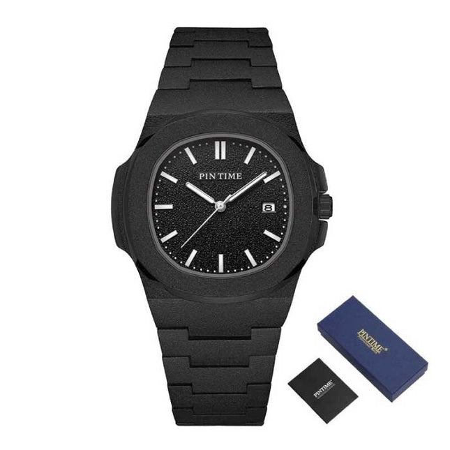 Frosted Luxe Horloge voor Heren - Roestvrij Staal Kwarts Uurwerk met Opbergdoosje Zwart