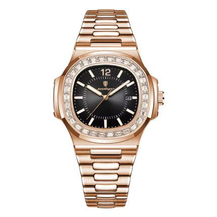 Luxe Vierkant Kwarts Horloge - 3 ATM Waterdicht Lichtgevend Herenhorloge Roestvrij Staal - Rose Gold Zwart