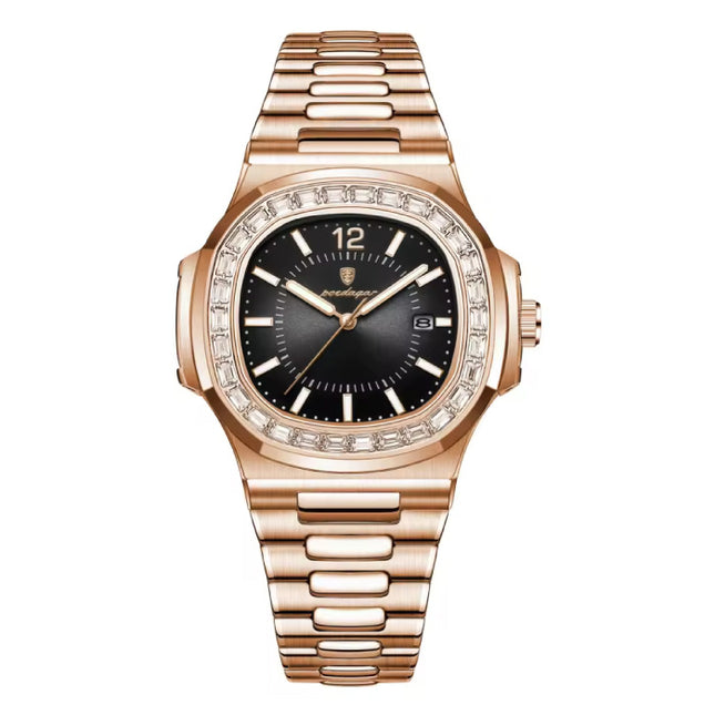 Luxe Vierkant Kwarts Horloge - 3 ATM Waterdicht Lichtgevend Herenhorloge Roestvrij Staal - Rose Gold Zwart