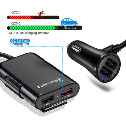 Quick Charge 3.0 Autolader met Verlengkabel en 4 Poorten  30W / 3.1A - Quad Port Carcharger Extension Cable - Wit