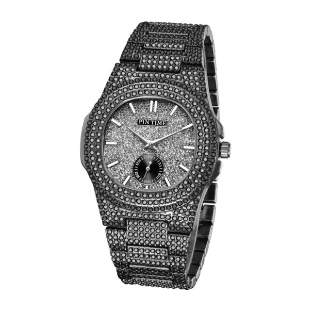 Full Diamond Luxe Horloge voor Heren - Roestvrij Staal Kwarts Uurwerk met Opbergdoosje Zwart