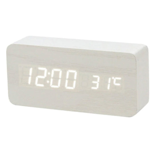 Houten Digitale LED Klok - Wekker Alarm  Snooze Temperatuur Helderheid Aanpassing Wit
