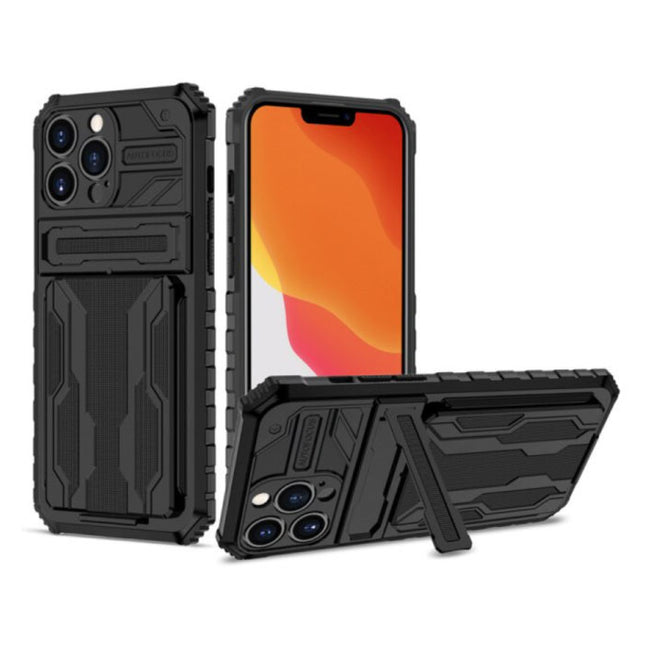 iPhone 12 Pro - Armor Card Slot Hoesje met Kickstand - Wallet Cover Case Zwart