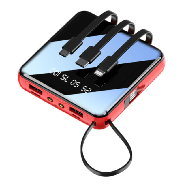 Universele 10.000mAh Mini Powerbank - 4 Types Oplaadkabel - 2x USB LED Display Noodaccu Batterij Oplader Charger Rood