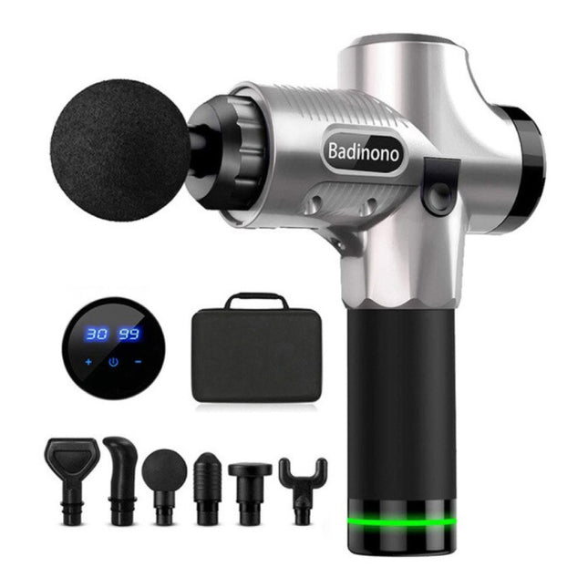 Professioneel Massage Apparaat Gun - 30 Standen - 6 Koppen - Inclusief Opbergtas - Sport en Relax - Zilver