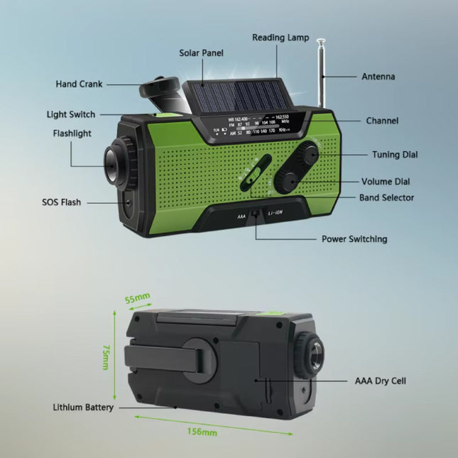 2000mAh Powerbank & Noodradio op Zonne-energie met Dynamo - Ingebouwde Zaklamp - Externe Noodaccu Batterij Oplader Charger - Groen