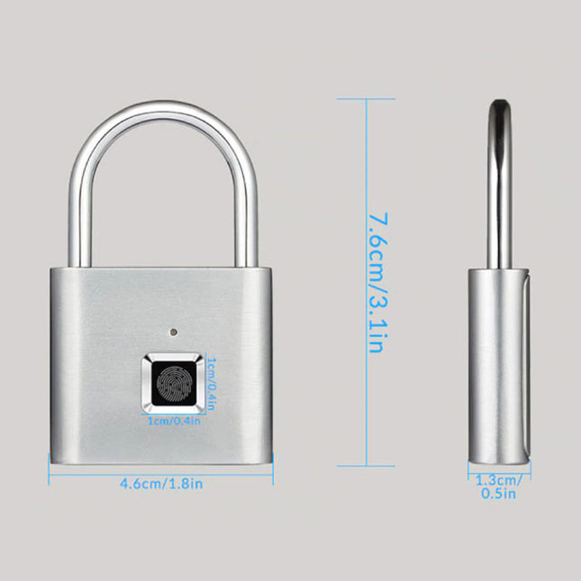 Hangslot Vingerafdruk - 10 Sets Fingerprints - Oplaadbare Smart Lock Vingerscan Fietsslot IP65 Waterdicht Ketting Slot Anti-Diefstal Roestvrij Staal Zilver