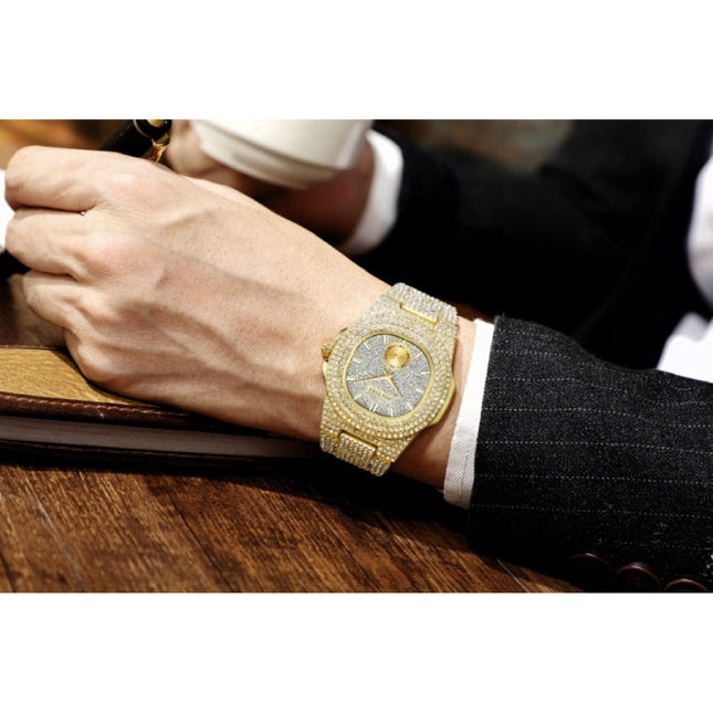 Full Diamond Luxe Horloge voor Heren - Roestvrij Staal Kwarts Uurwerk met Opbergdoosje Goud