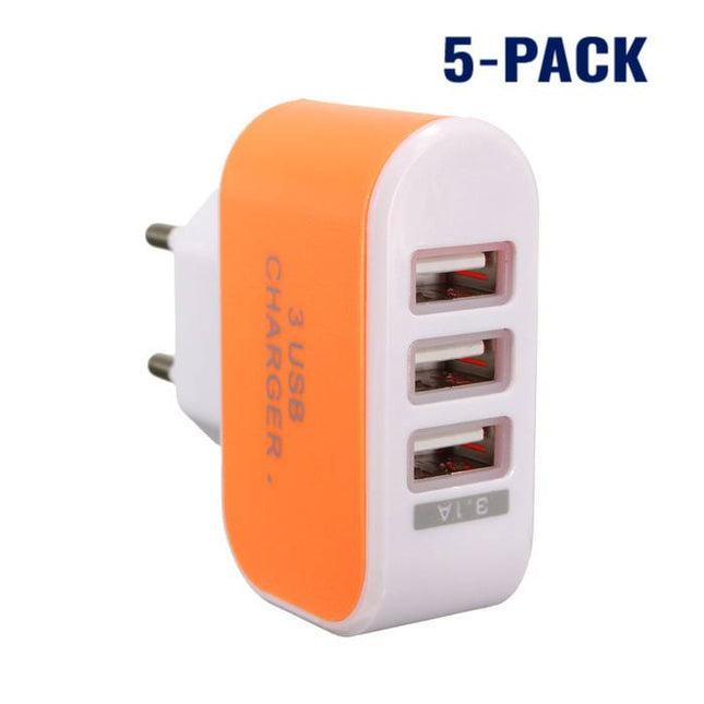 5-Pack  Triple (3x) USB Port iPhone/Android Muur Oplader Wallcharger AC Thuis Oranje