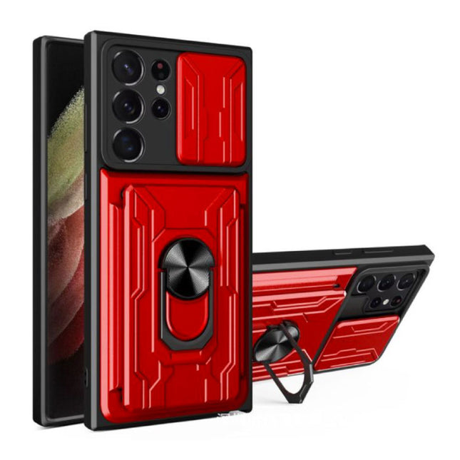 Samsung Galaxy A23 (4G) - Card Slot Hoesje met Kickstand en Camera Slide - Magnetische Pop Grip Cover Case Rood