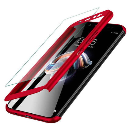 Xiaomi Redmi 6 Full Cover - 360° Body Hoesje Case + Screenprotector Tempered Glass Rood