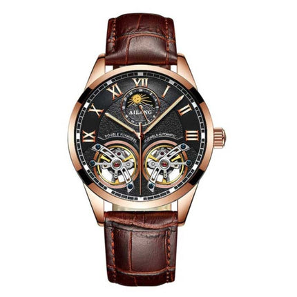 Vintage Horloge voor Heren - Leren Bandje Kwarts Polshorloge Dubbel Vliegwiel Bruin