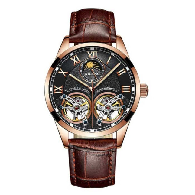 Vintage Horloge voor Heren - Leren Bandje Kwarts Polshorloge Dubbel Vliegwiel Bruin