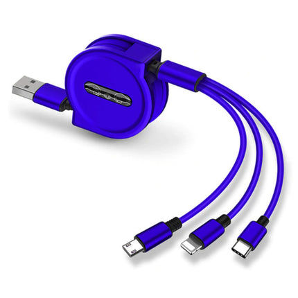 3 in 1 Intrekbare Oplaadkabel - iPhone Lightning / USB-C / Micro-USB - 1.2 Meter Oplader Spiral Data Kabel Blauw