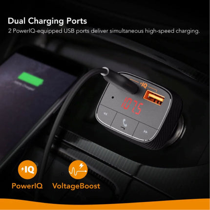 SmartCharge F0 Dual Port Autolader met Bluetooth Transmitter - 24W Auto Oplader Carcharger - Zwart