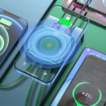 20.000mAh Qi Mini Powerbank met 2 Oplaadpoorten en 4 Kabels - Externe Accu Batterij Oplader - Blauw