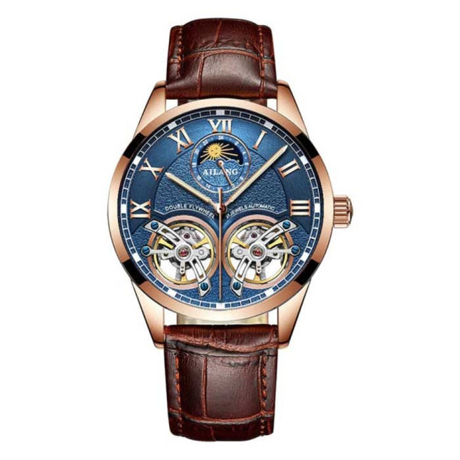 Vintage Horloge voor Heren - Leren Bandje Kwarts Polshorloge Dubbel Vliegwiel Bruin
