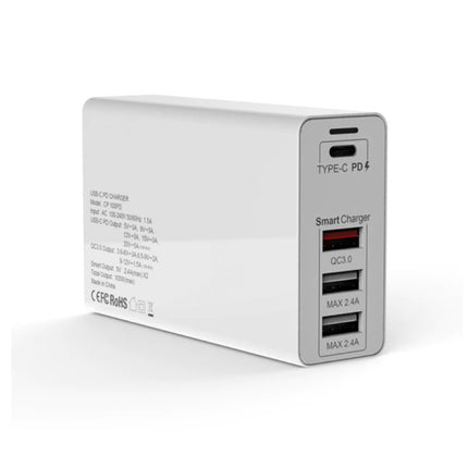 4-Port Oplaadstation - PD / QC3.0 / 2.4A - 100W Power Delivery USB Fast Charge - Oplader Muur Stekkerlader Wallcharger AC Thuislader Adapter Wit