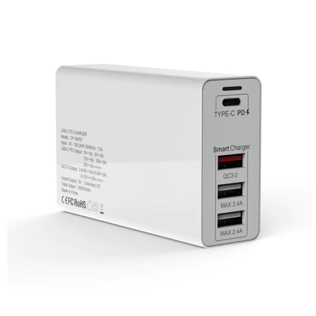 4-Port Oplaadstation - PD / QC3.0 / 2.4A - 100W Power Delivery USB Fast Charge - Oplader Muur Stekkerlader Wallcharger AC Thuislader Adapter Wit