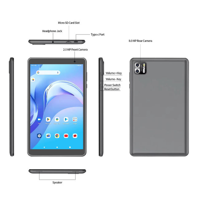 B8 Tablet - 8 Inch Display - 64 GB Opslag - 2 MP / 8 MP Camera - 5000mAh Batterij - Grijs