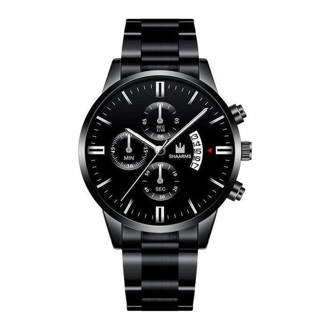 Luxe Zakelijk Horloge voor Heren - Kwarts Roestvrij Staal Bandje Datum Kalender met 3 Subdials Zwart Zilver