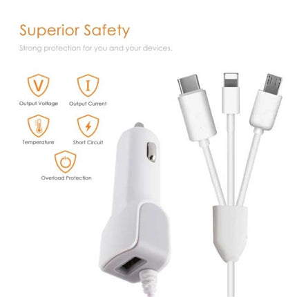3 in 1 USB Autolader/Carcharger voor iPhone Lightning / USB-C / Micro-USB met 2.1A Fast Charging - Zwart 