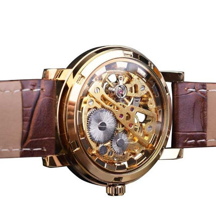 Gouden Kast Luxe Horloge voor Heren - Leren Bandje Transparant Mechanisch Skelet Zwart Zilver