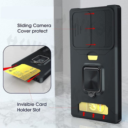 Samsung Galaxy S23 FE - Card Slot Hoesje met Kickstand en Camera Slide - Grip Socket Magnetische Cover Case Blauw