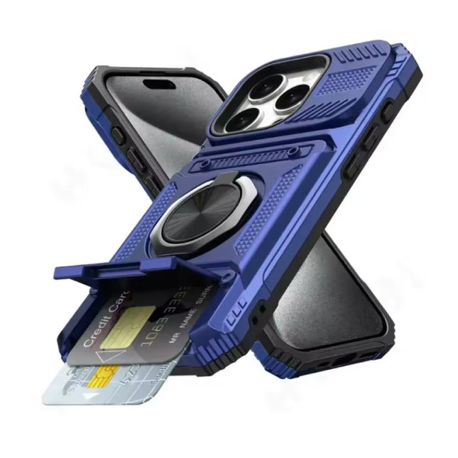 iPhone 15 Plus - Card Slot Hoesje met Kickstand - Grip Socket Magnetische Cover Case - Blauw